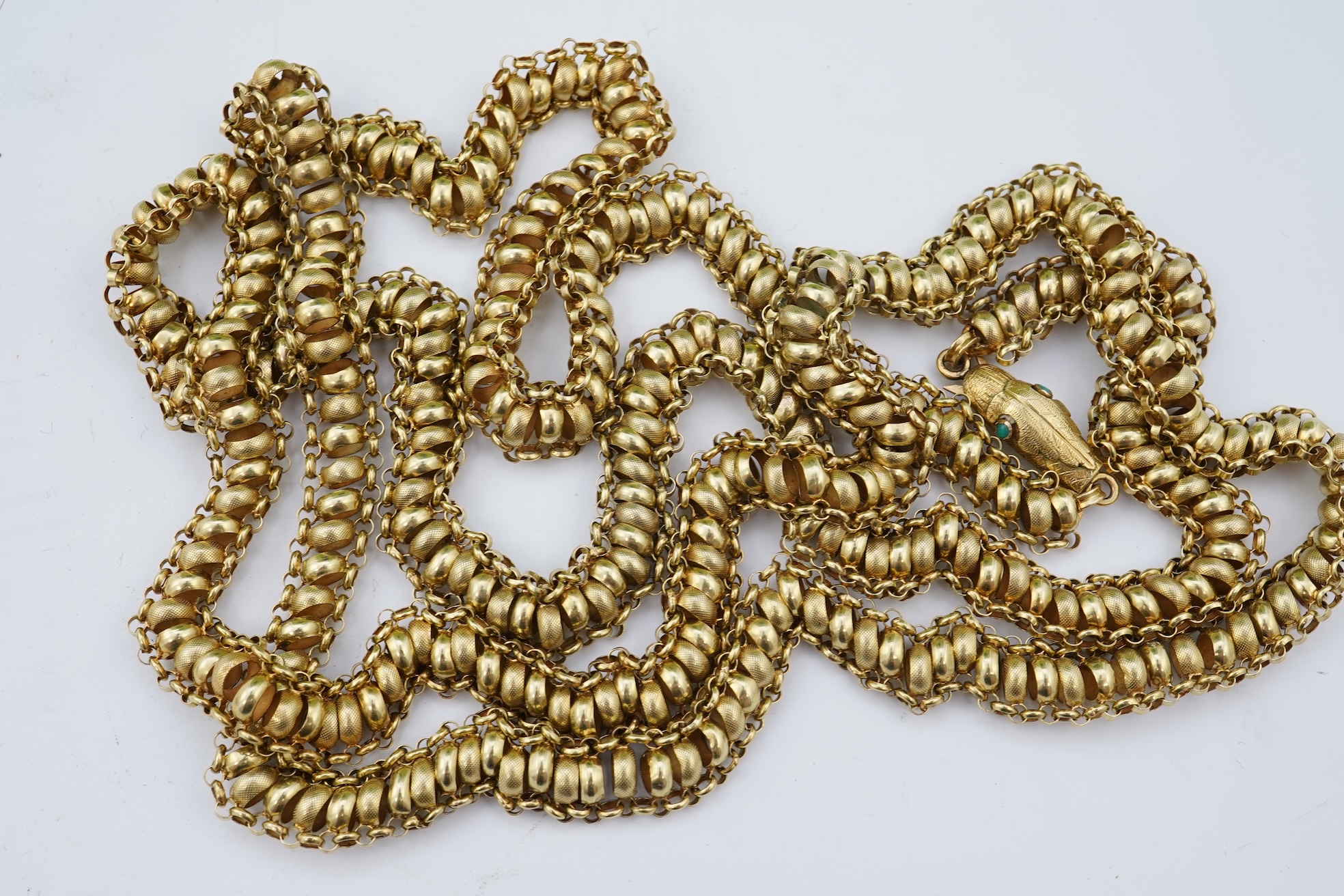 A gold long guard chain, 19th century